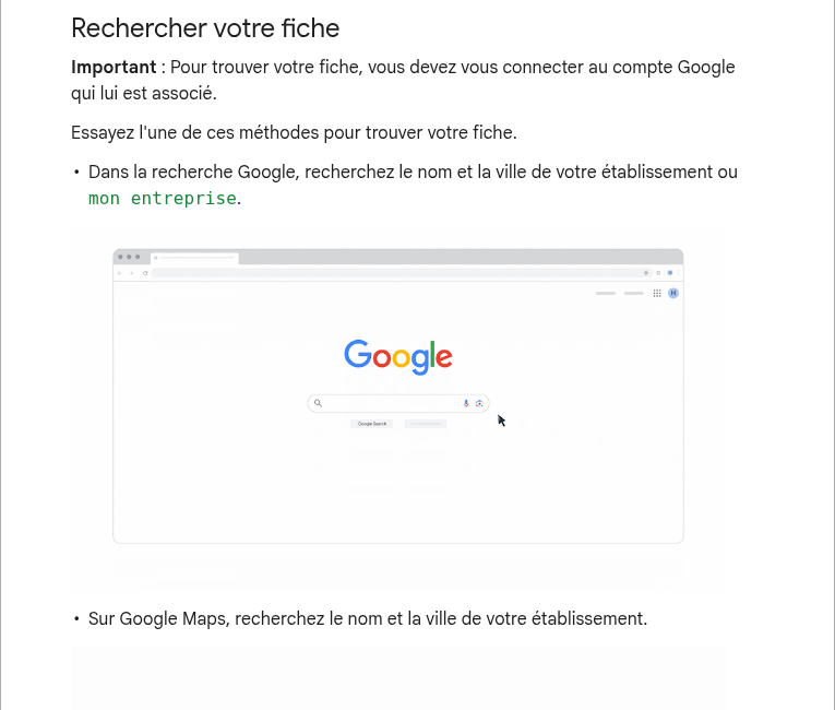 Documentation Google indiquant le bon compte et la recherche mon entreprise pour accéder à une fiche