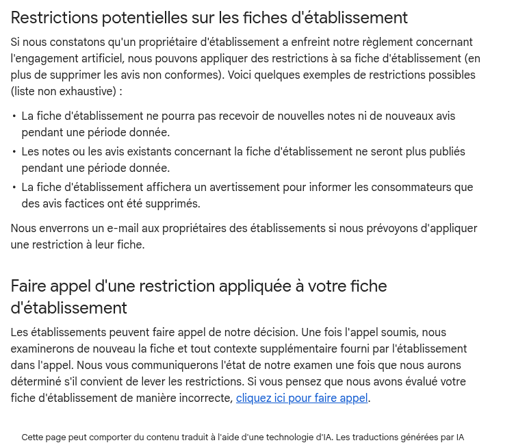 Documentation Google décrivant les restrictions possibles après des avis factices et la procédure d’appel