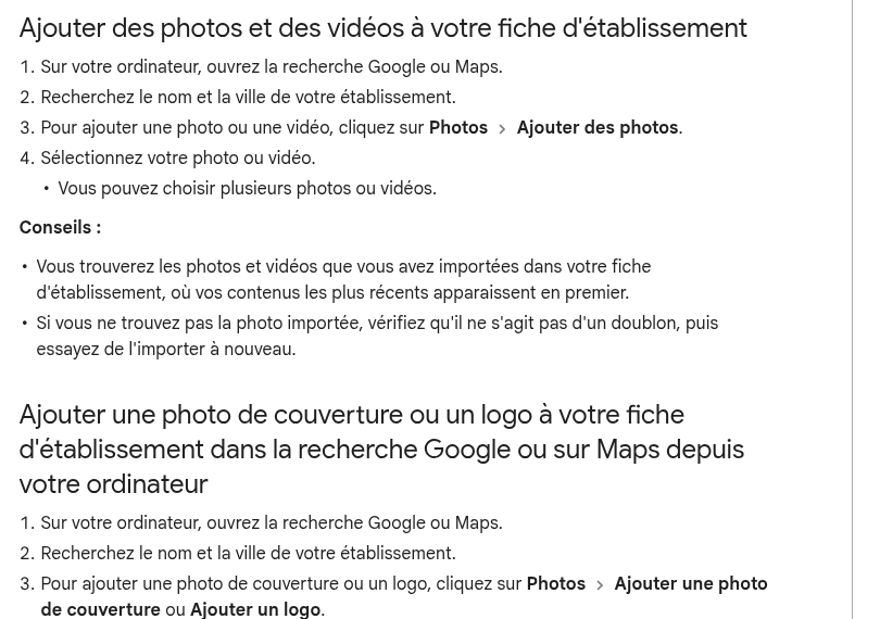 Documentation Google : ajouter des photos, une couverture ou un logo depuis la recherche ou Maps