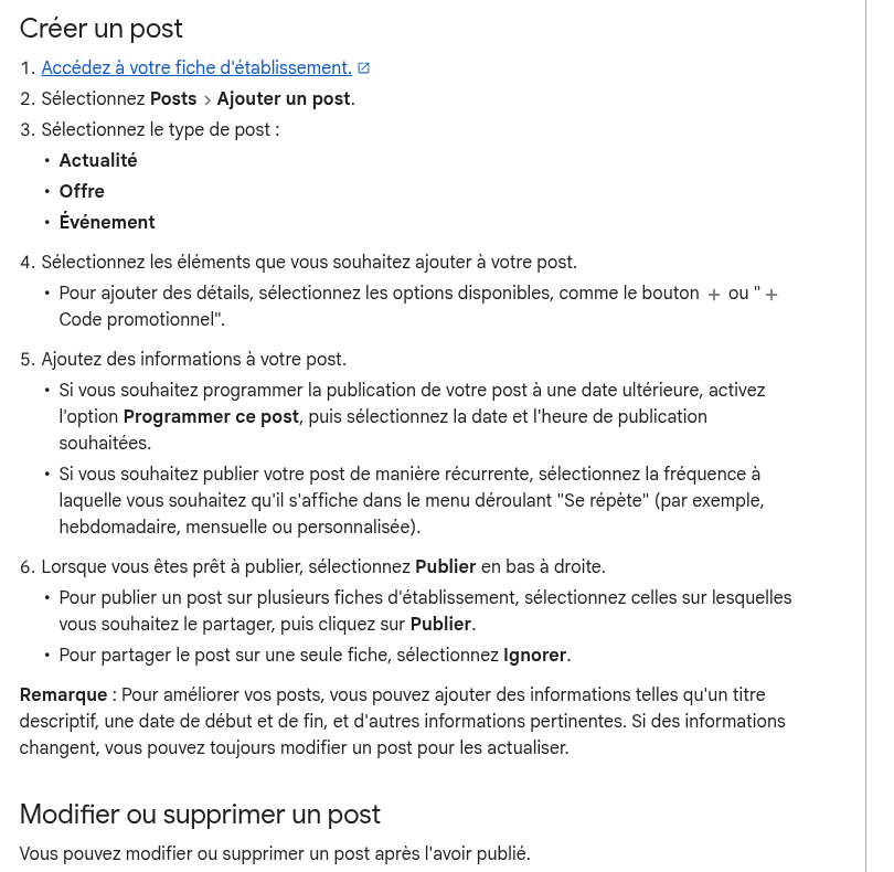 Documentation Google : créer un post, choisir son type et programmer sa publication