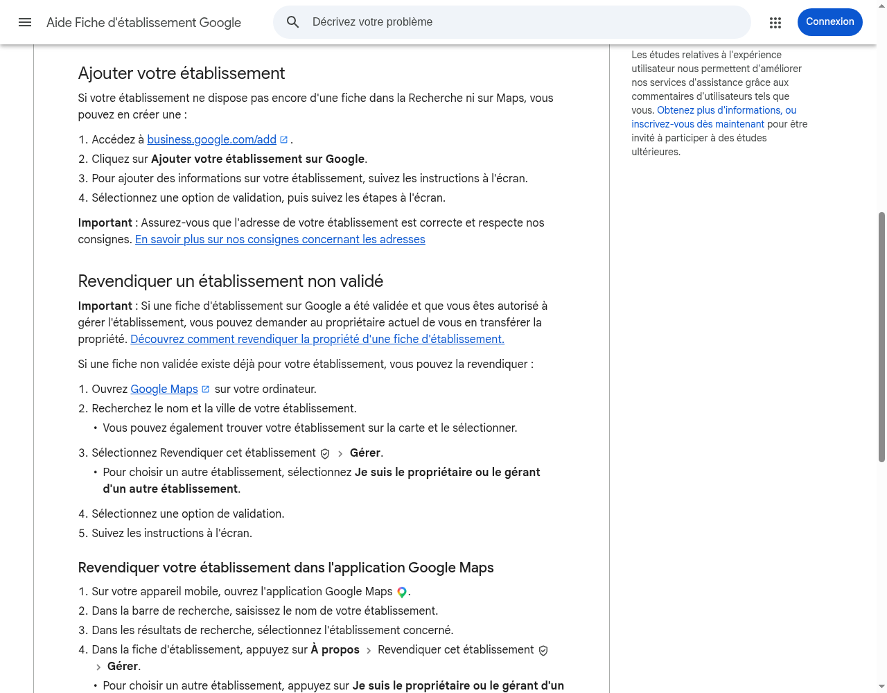 Aide Google : ajouter un établissement ou revendiquer une fiche existante
