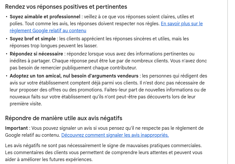 Documentation Google : conseils pour des réponses aux avis positives, pertinentes et professionnelles
