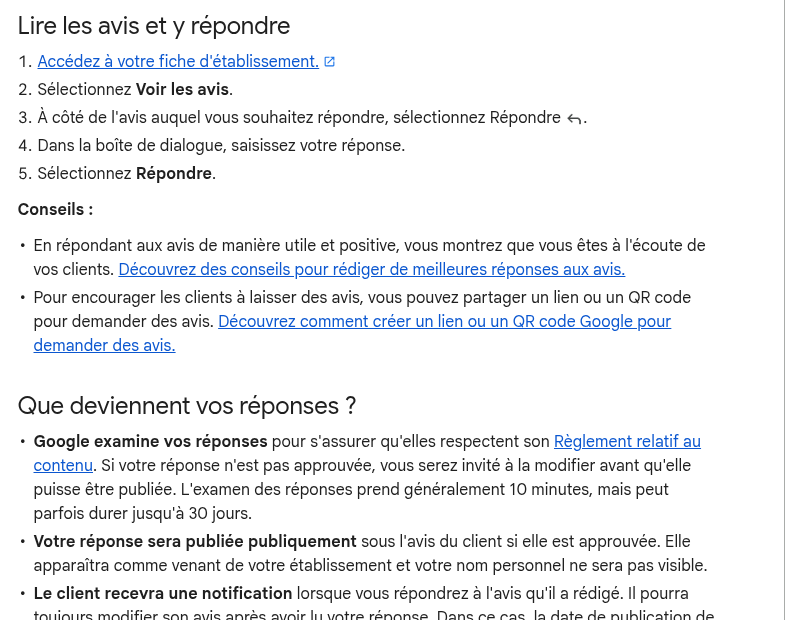 Documentation Google : étapes pour lire les avis et publier une réponse depuis la fiche d’établissement