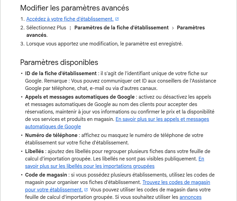 Documentation Google montrant le chemin des paramètres avancés et la définition de l’ID de fiche d’établissement