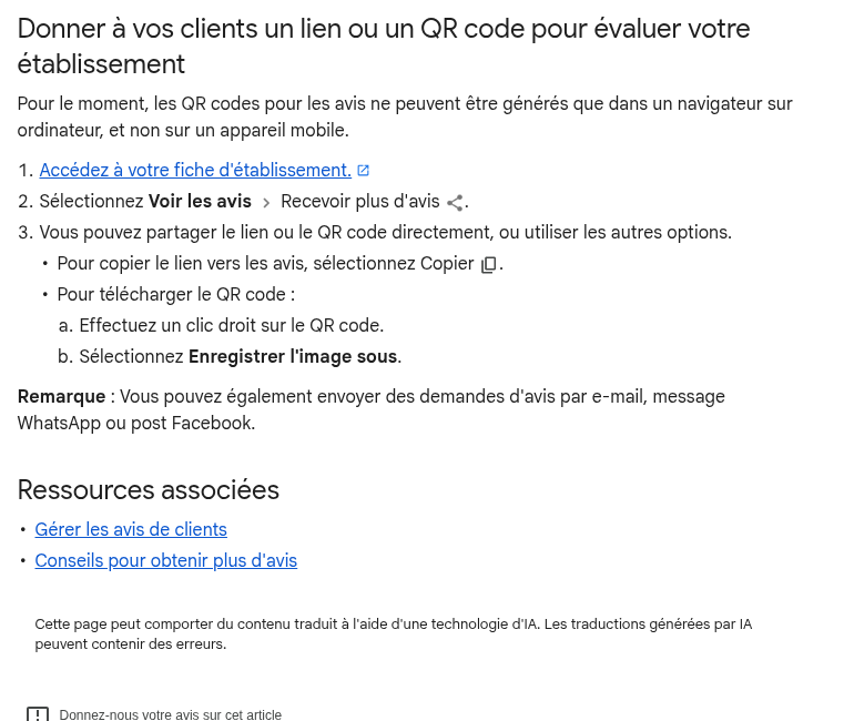 Documentation Google montrant les étapes Voir les avis, Recevoir plus d’avis et Copier le lien, ainsi que le téléchargement du QR code