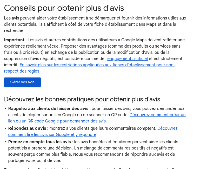 Documentation Google expliquant les demandes d’avis par lien ou QR code et l’interdiction des contreparties