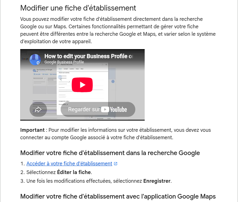 Documentation Google expliquant comment modifier une fiche dans la recherche et dans Google Maps