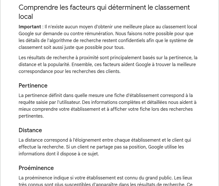 Documentation Google sur la pertinence, la distance et la popularité dans le classement local